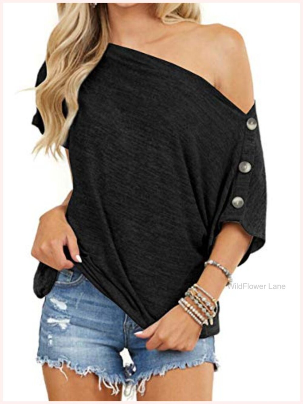 Womens Off Shoulder Tunic Top Button Down Short Sleeve Casual Summer Blouse